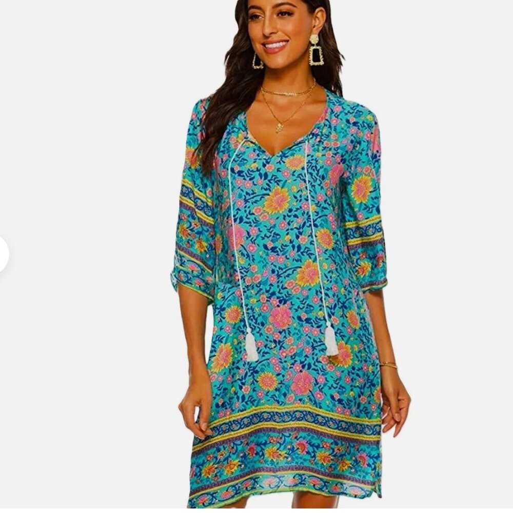 Halife Floral V-Neck Boho Tunic Dress Coverup Green with Pink and Yellow Accents